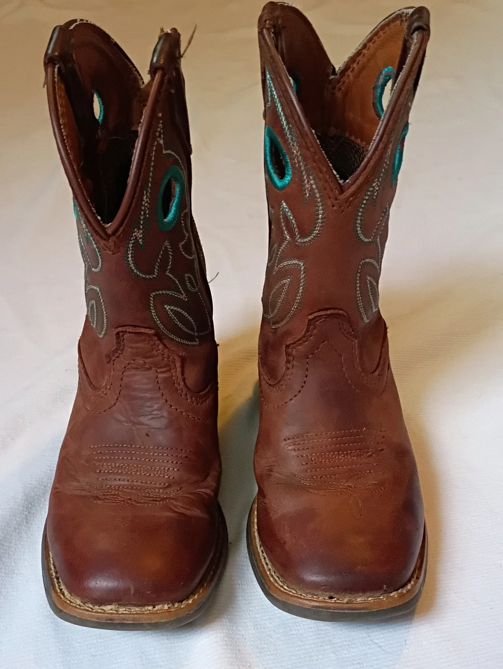 Justin Boots Kids Brown Leather Western Boots with Teal Stitching